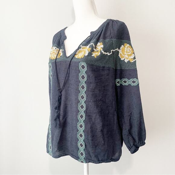Lucky Brand navy peasant bohemian embroidered top size large - Picture 6 of 8